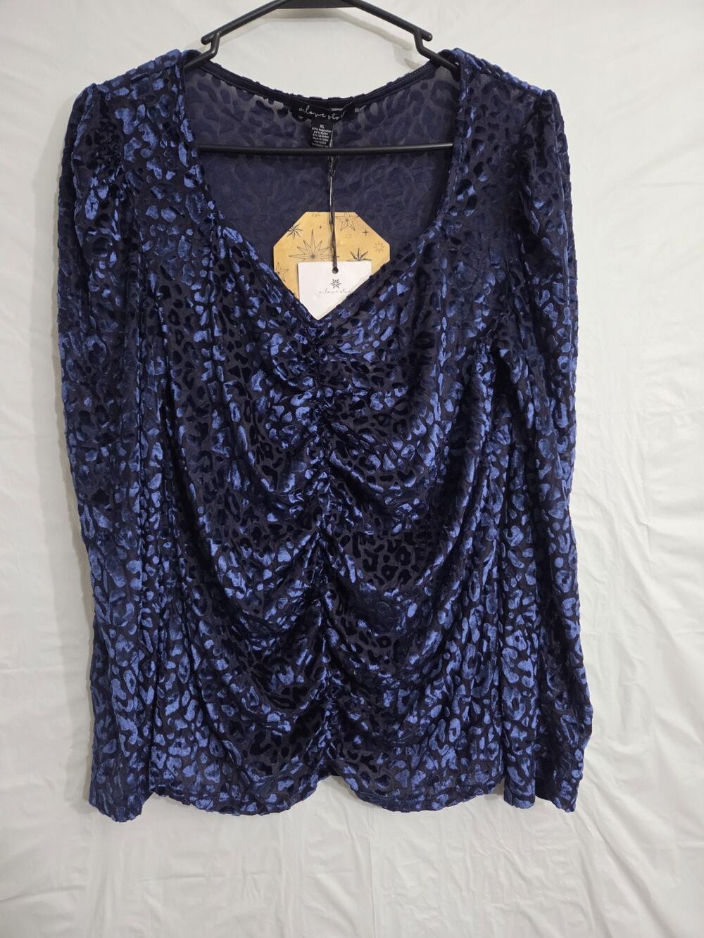 NWT Blue Velour Cut Out Leopard Print Top Womens Size XL Blue Sheer Soft Cat